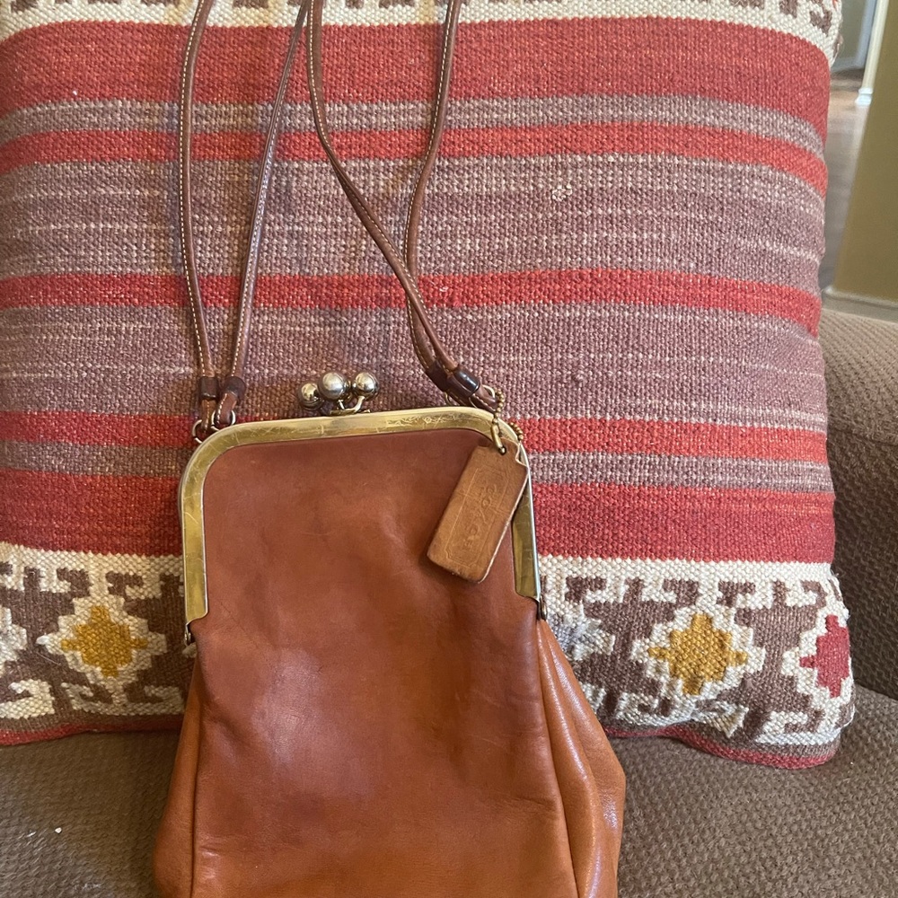 Vintage Coach Bonnie Cashin double kisslock, camel colored leather purse.